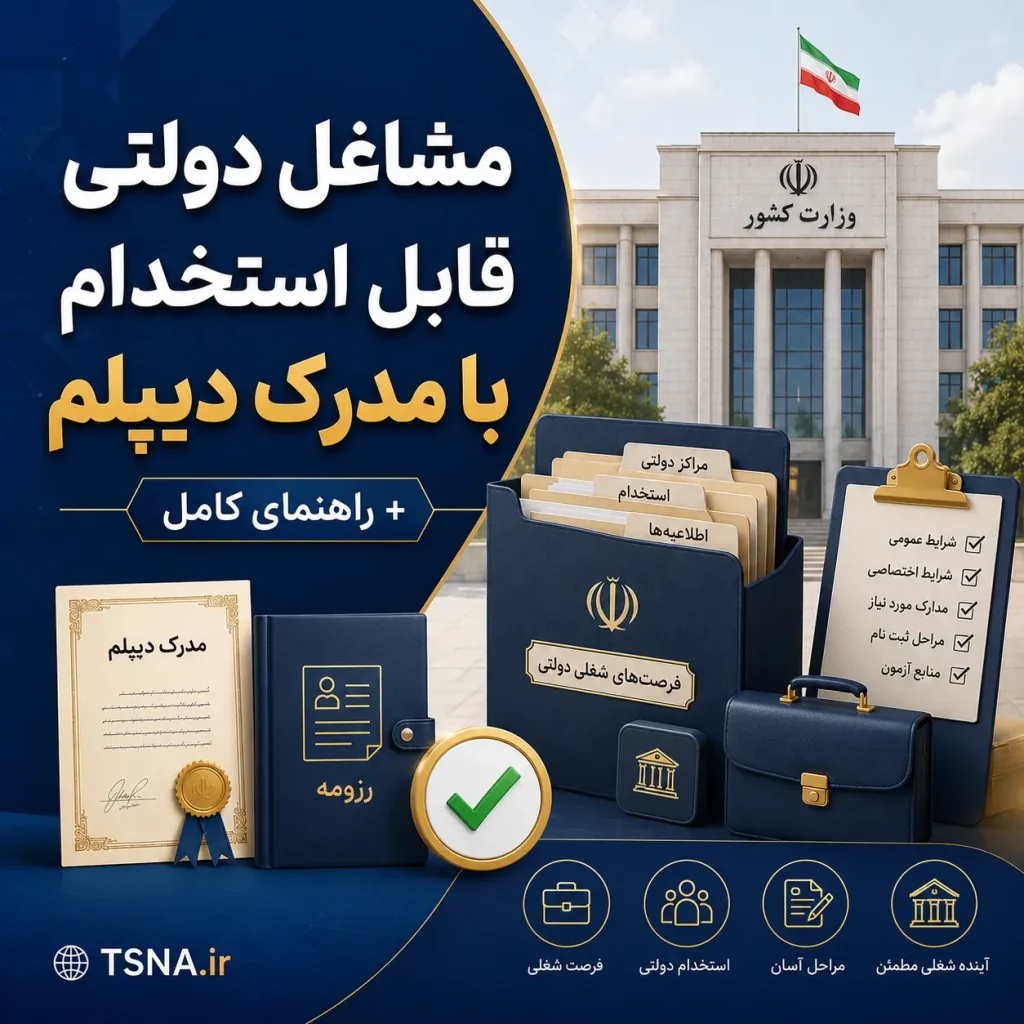 مشاغل دولتی قابل استخدام با مدرک دیپلم در سال ۱۴۰۵ + راهنمای کامل 1 مشاغل دولتی قابل استخدام با مدرک دیپلم